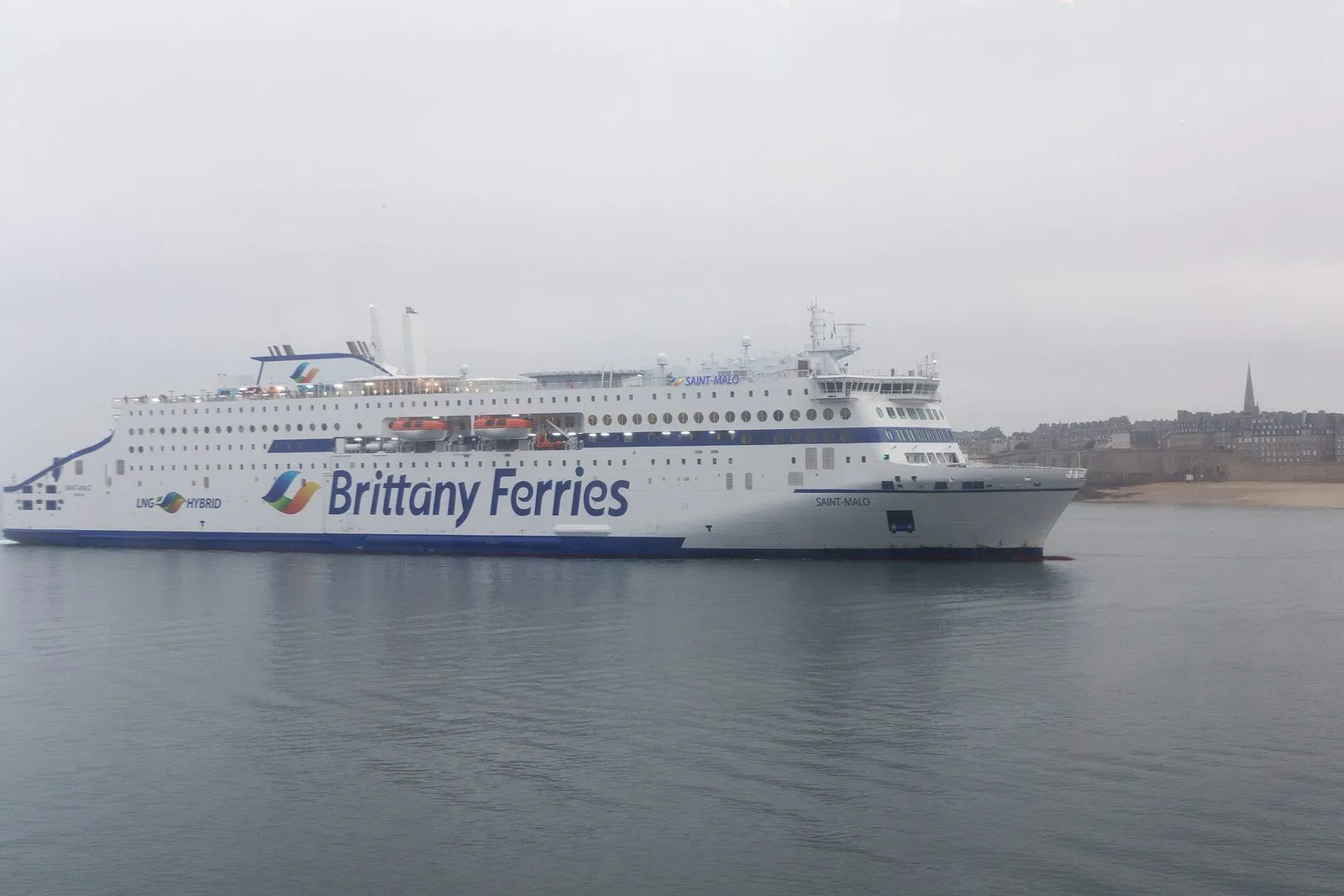 Brittany Ferries' Saint-Malo entering port with the walled city in the background