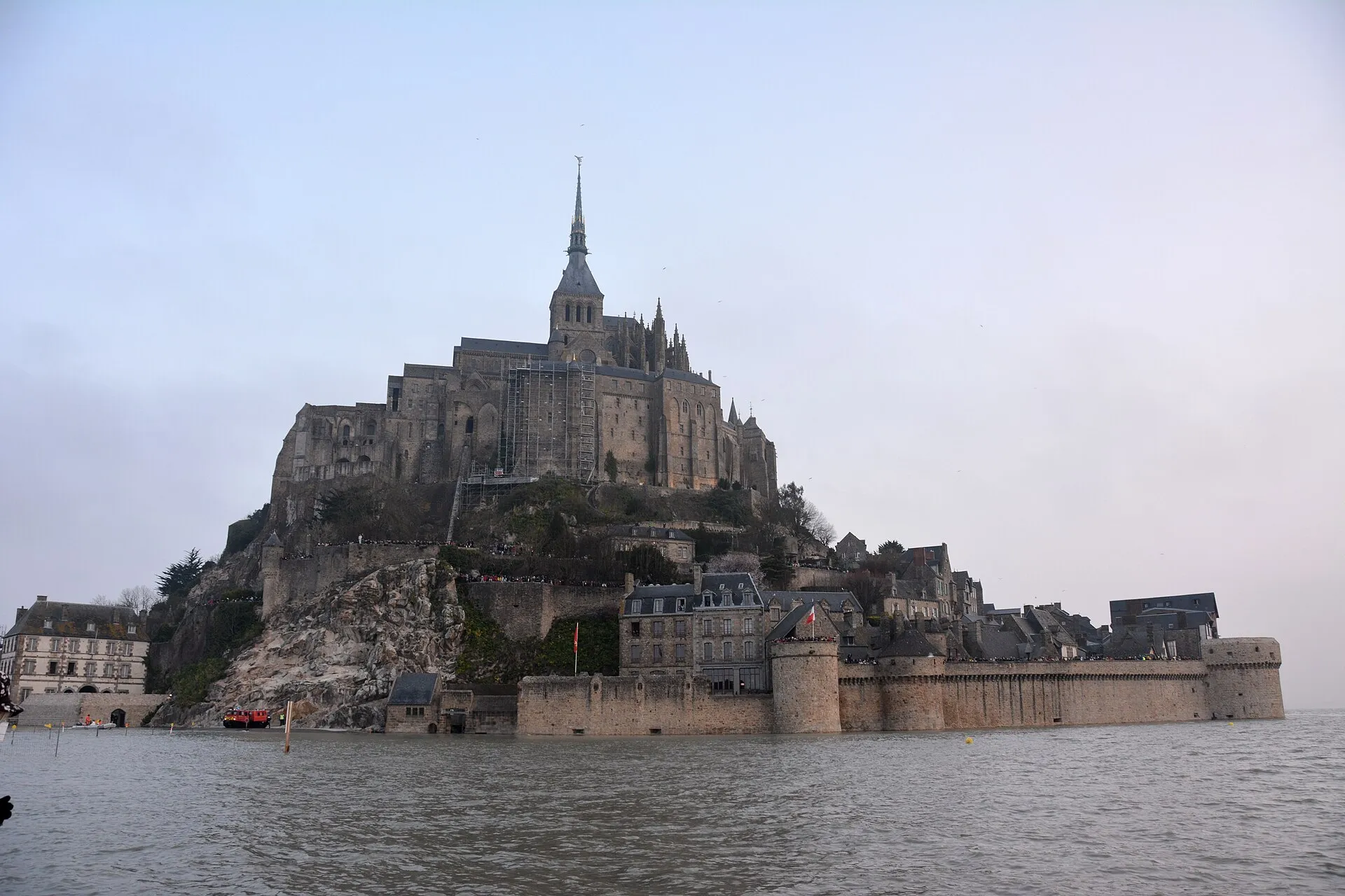 Mont-Saint-Michel encircled by the sea during a spring tide